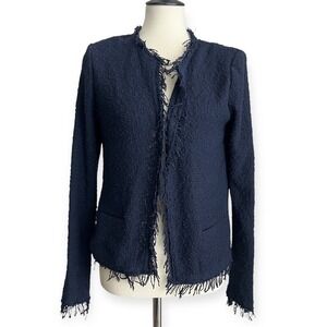 IRO‎ Shavani Fringe Hem Tweed Boucle Jacket Navy Blue Lightweight Sz 40 / US 6